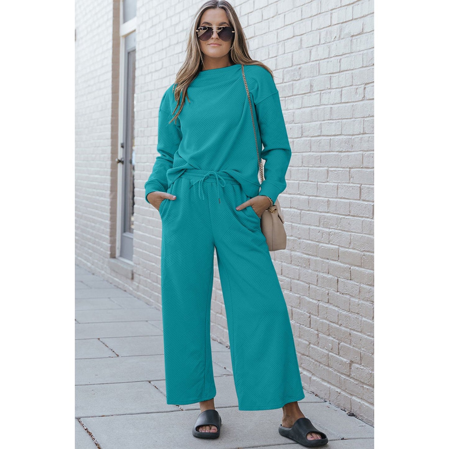 Double Take Full Size Textured Long Sleeve Top and Drawstring Pants Set