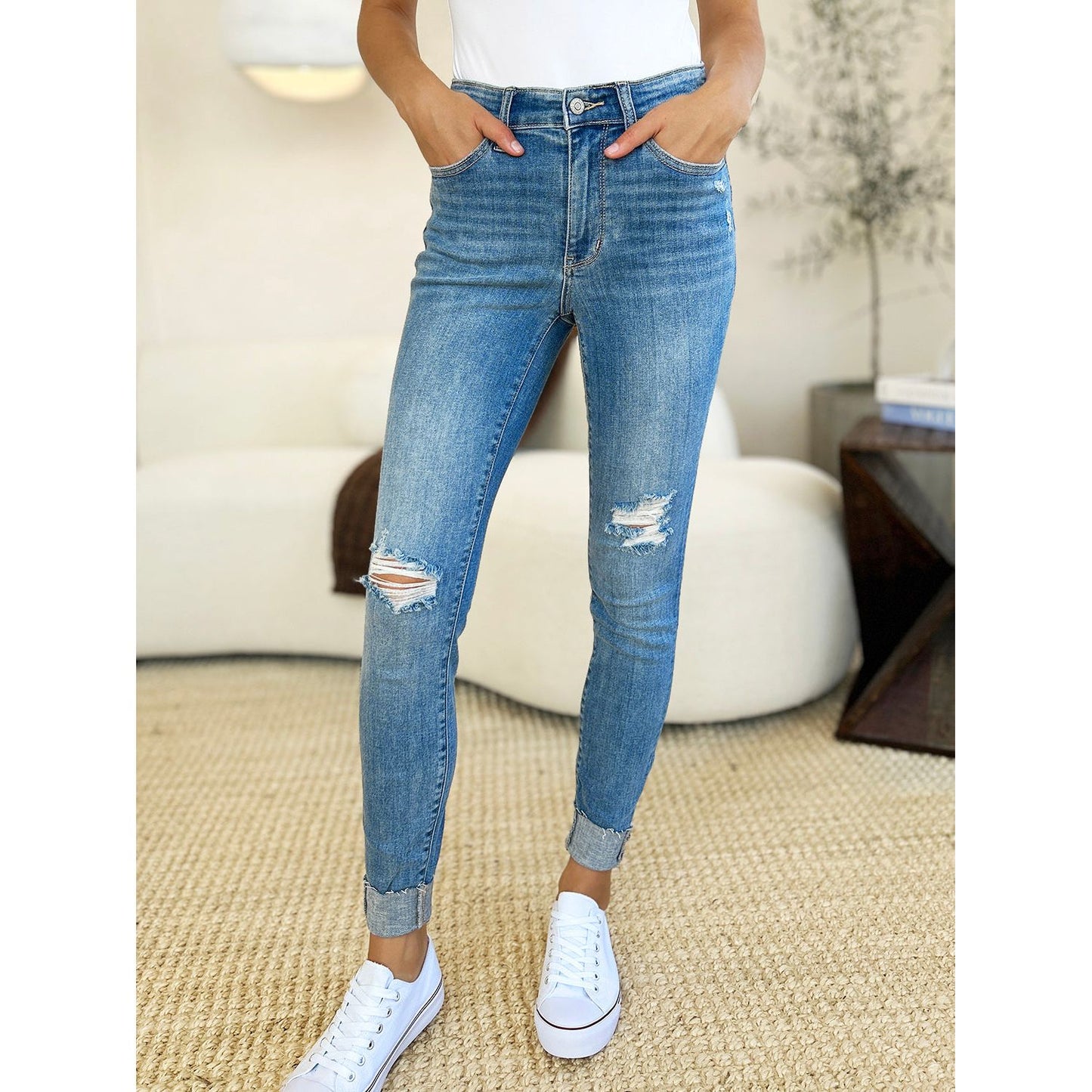 Judy Blue Full Size Mid Rise Destroy & Cuff Skinny Jeans