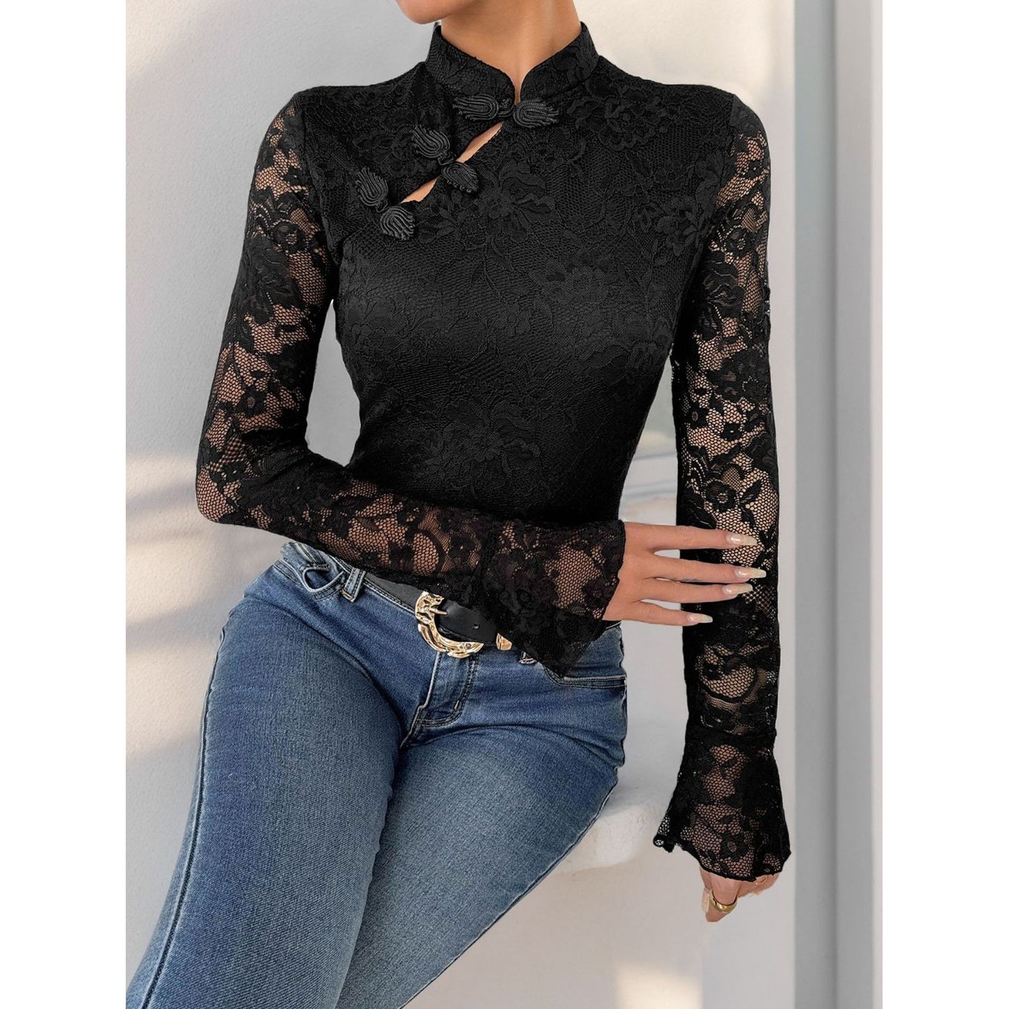 Perfee Lace Mock Neck Long Sleeve Bodysuit