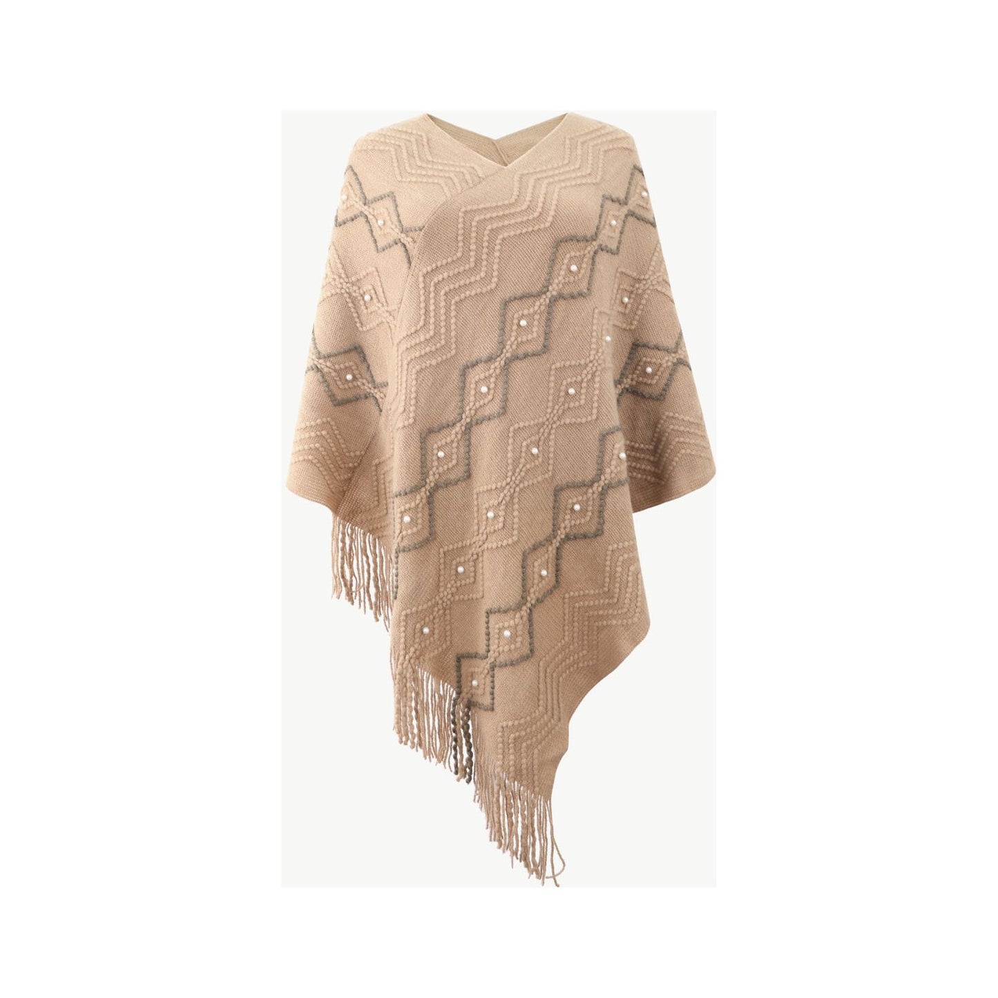 Pearl Trim V-Neck Fringe Hem Poncho