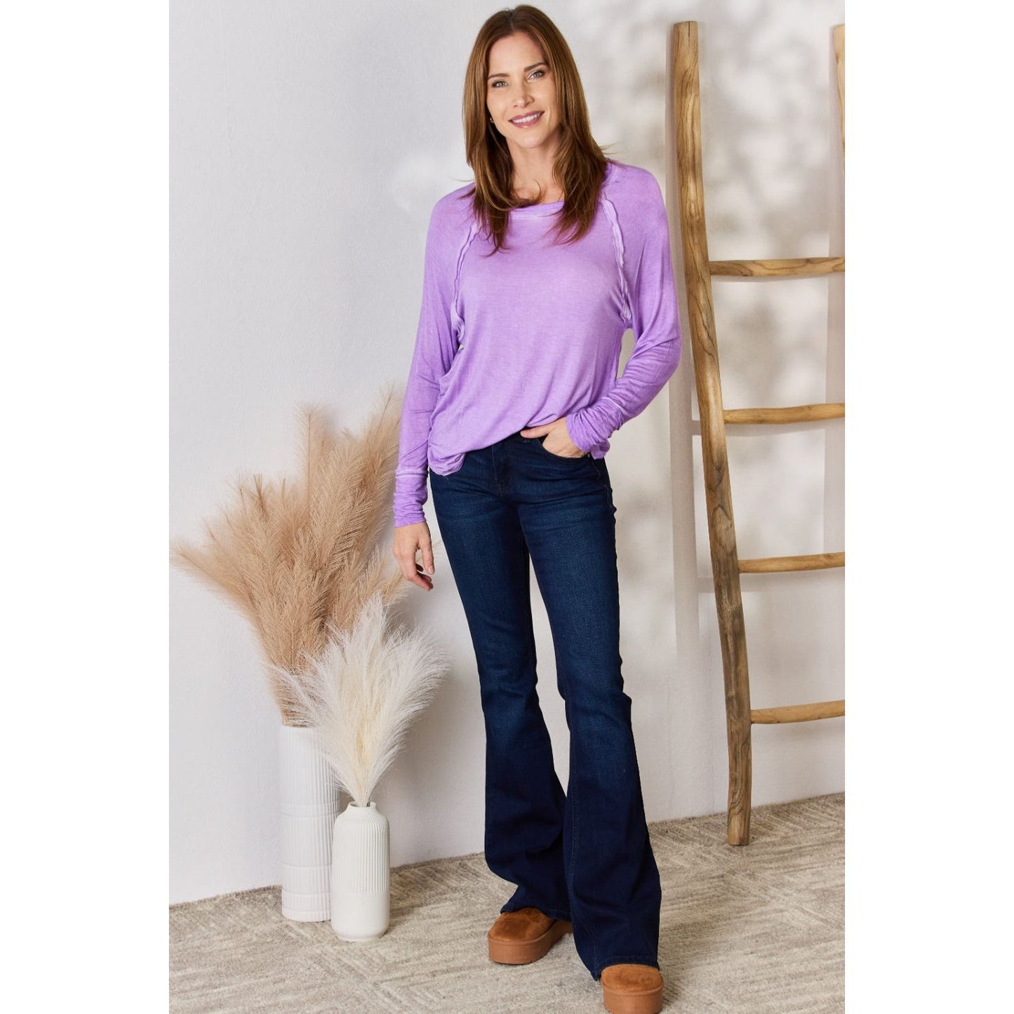 Zenana Washed Scoop Neck Long Sleeve Blouse