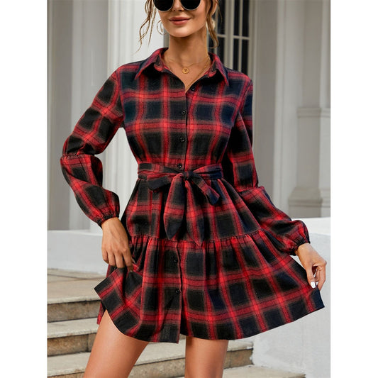 FAM-FAM Tied Plaid Long Sleeve Mini Dress