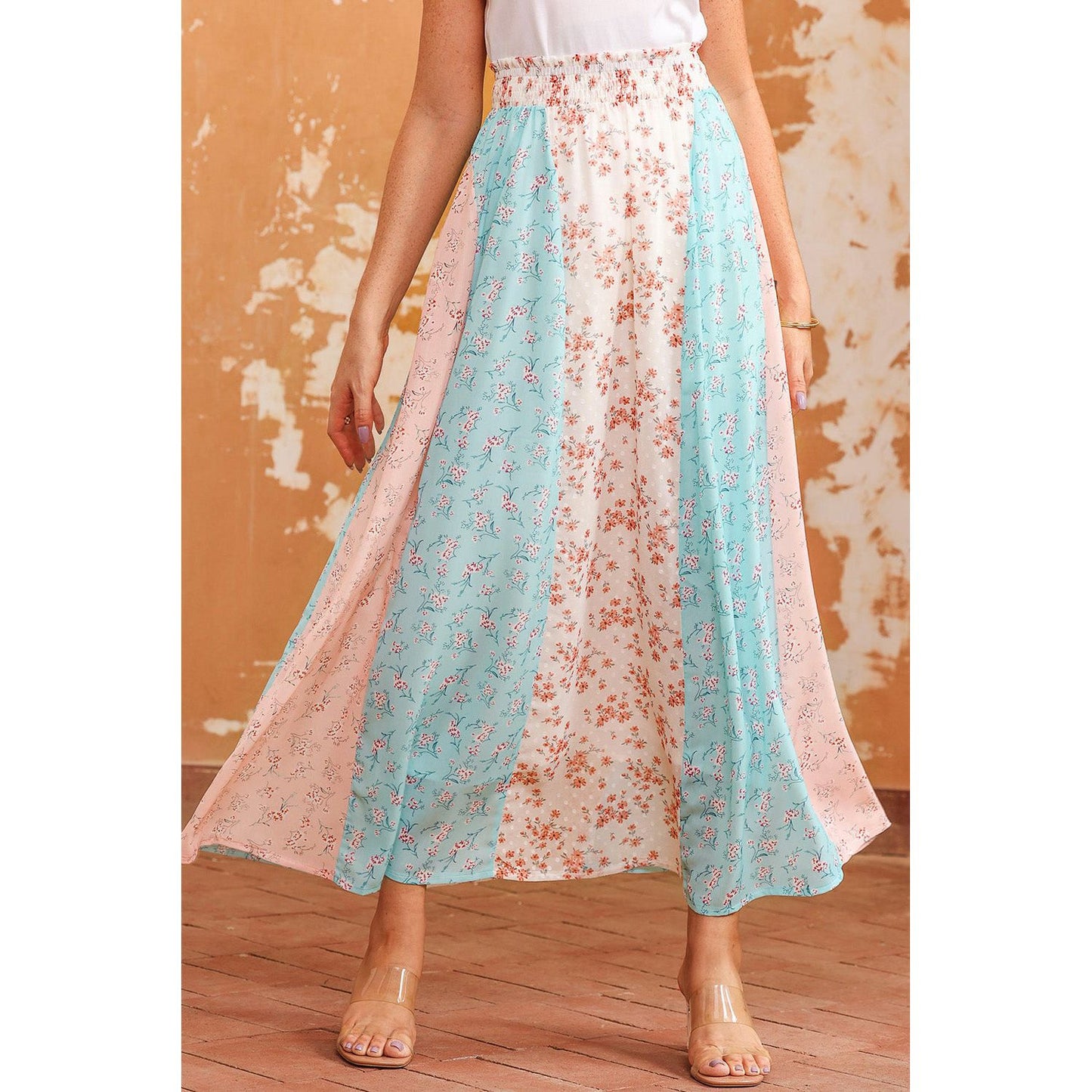 Floral Color Block Smocked Waist Maxi Skirt