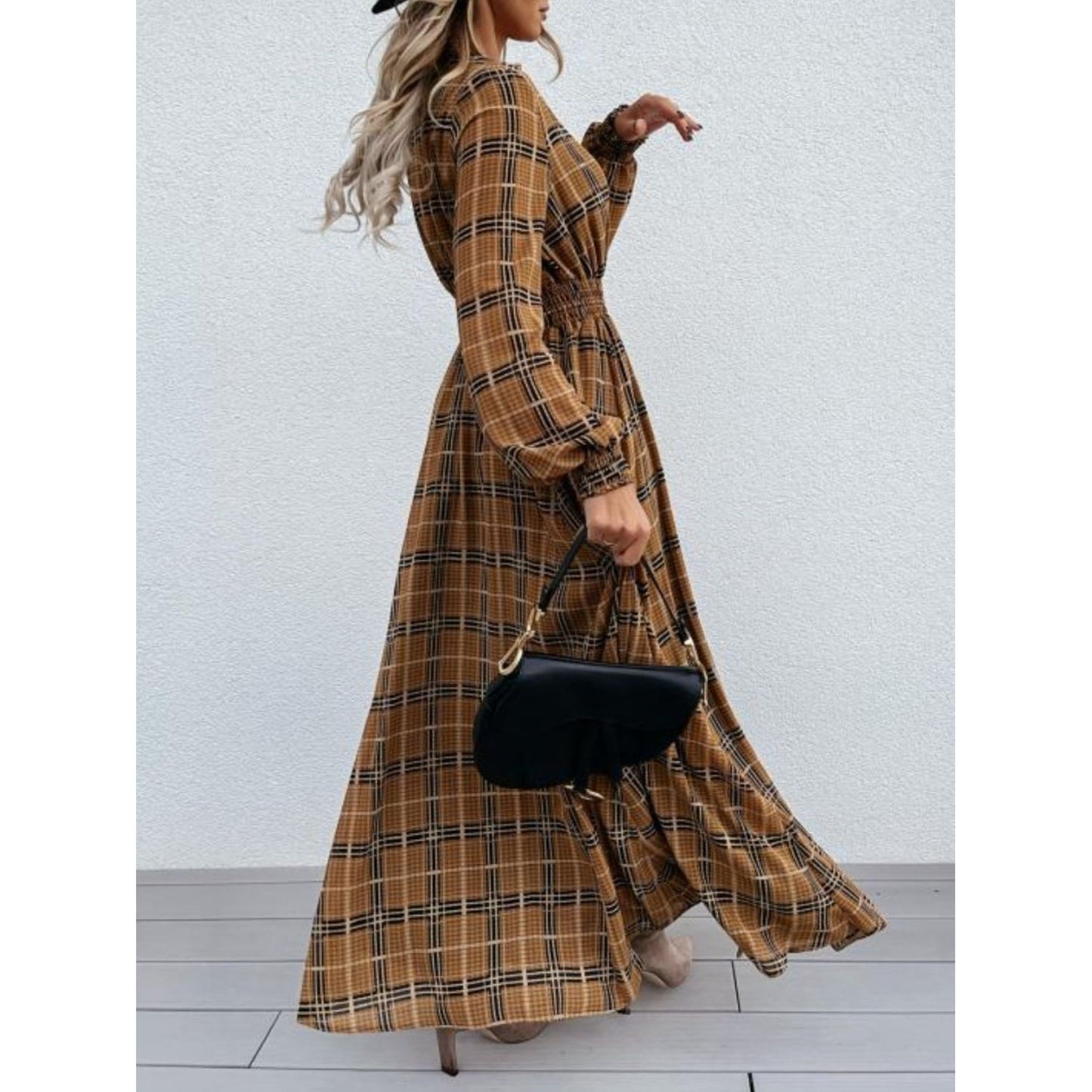 Slit Plaid Tie Neck Long Sleeve Maxi Dress