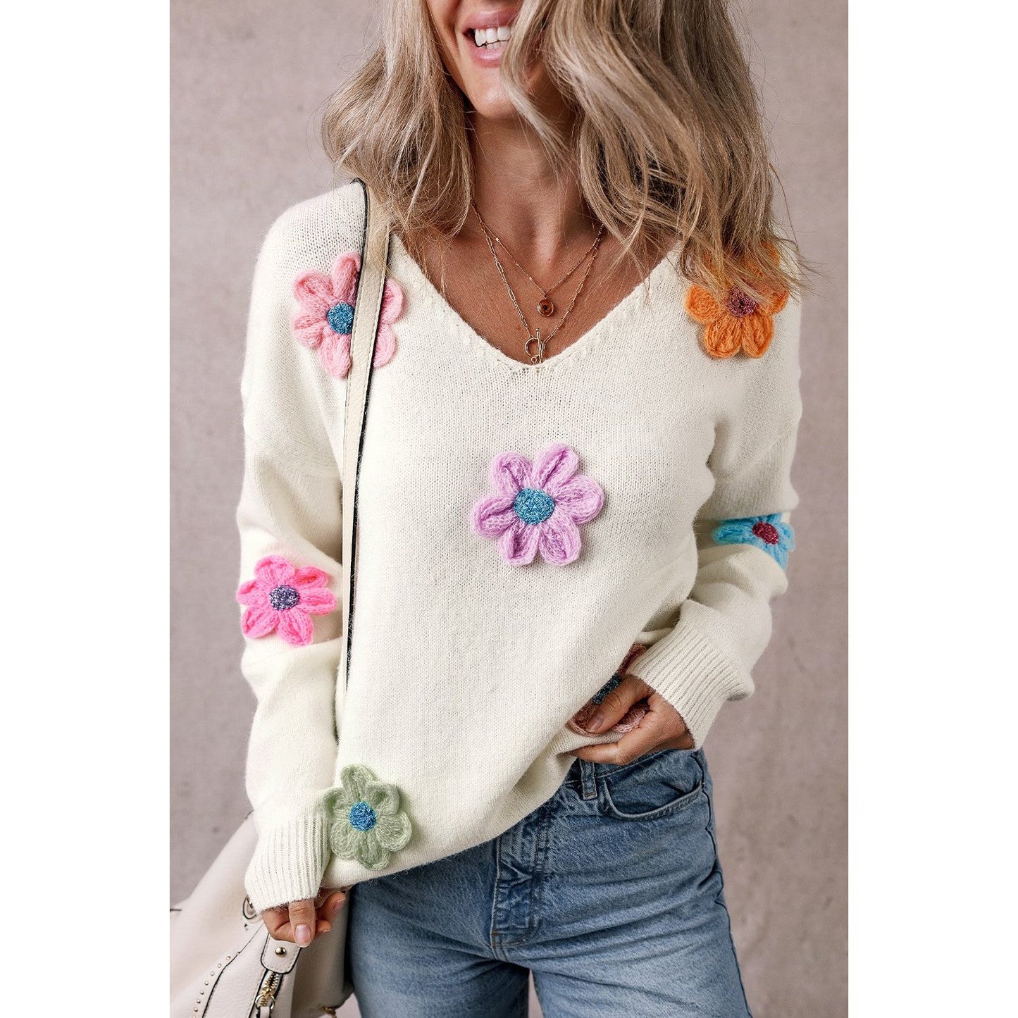 Crochet Flower V-Neck Long Sleeve Sweater