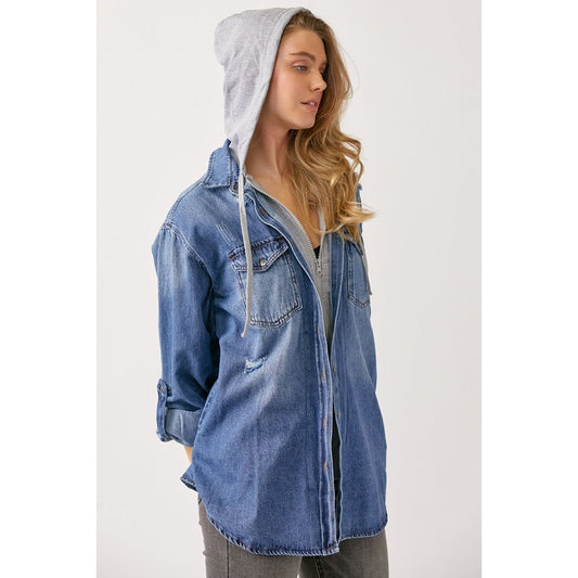 RISEN Zip Up Hooded Denim Shirt