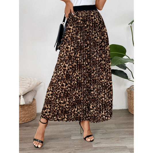 Perfee Pleated Leopard Maxi Skirt