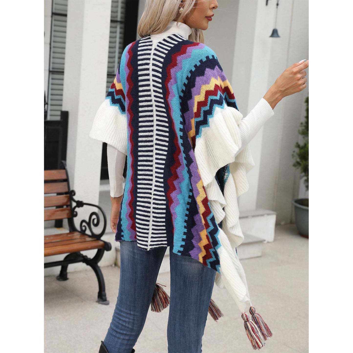 Striped Open Front Poncho with Tassels