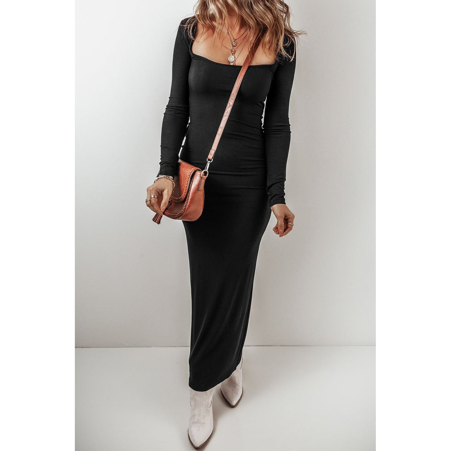 Square Neck Long Sleeve Maxi Dress