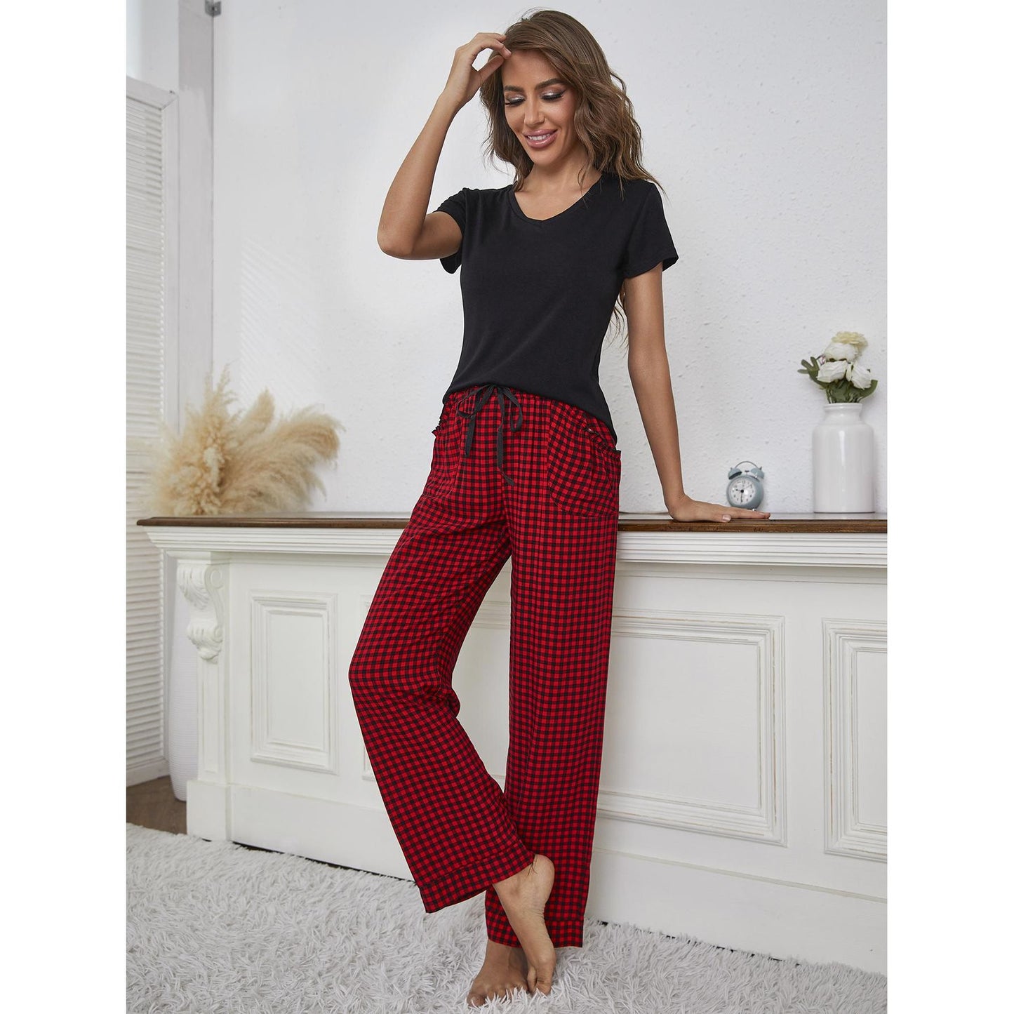 V-Neck Top and Gingham Pants Lounge Set