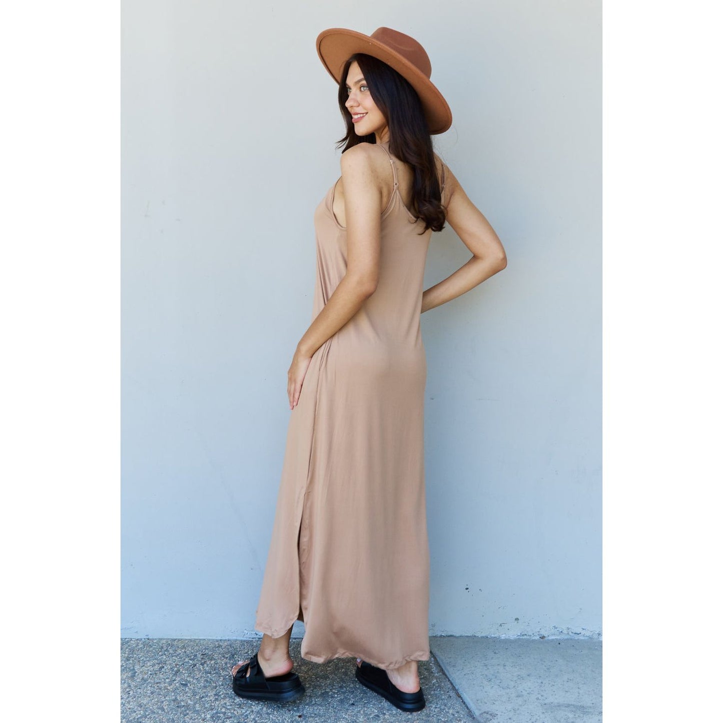 Ninexis Good Energy Full Size Cami Side Slit Maxi Dress in Camel