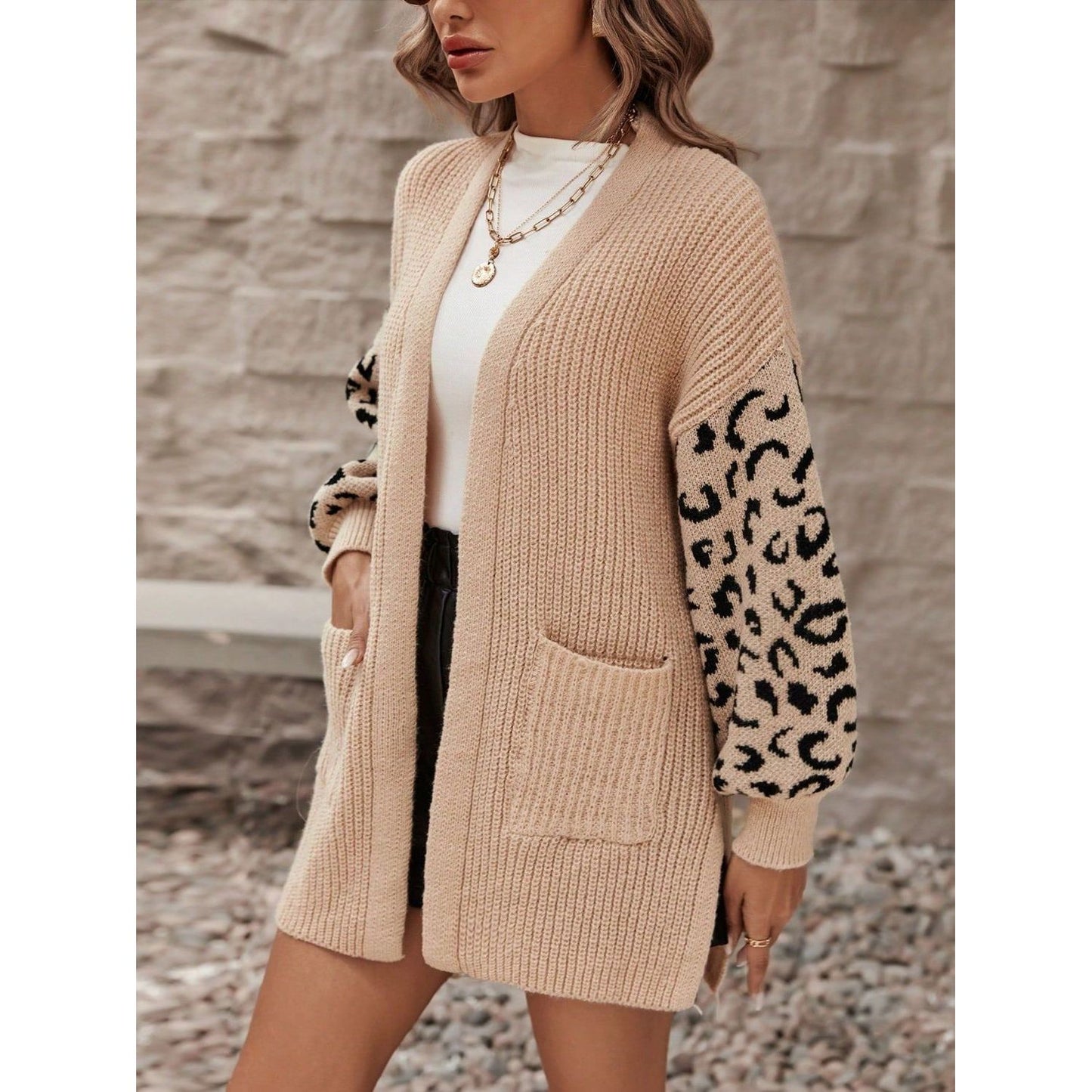 Pocketed Leopard Open Front Cardigan