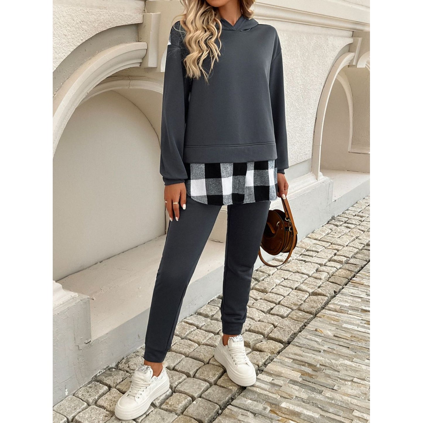 Devine Plaid Long Sleeve Hooded Top and Pants Set