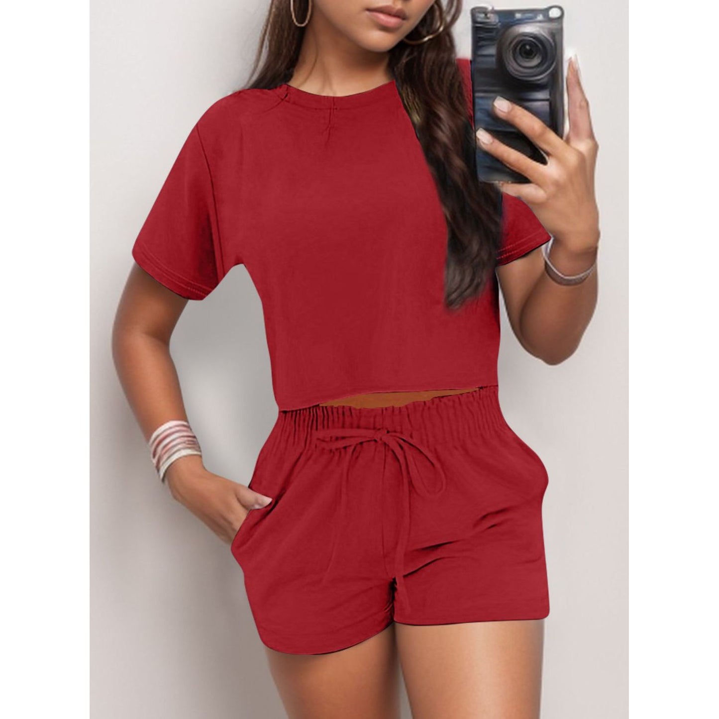 Full Size Round Neck Short Sleeve Top and Shorts Set