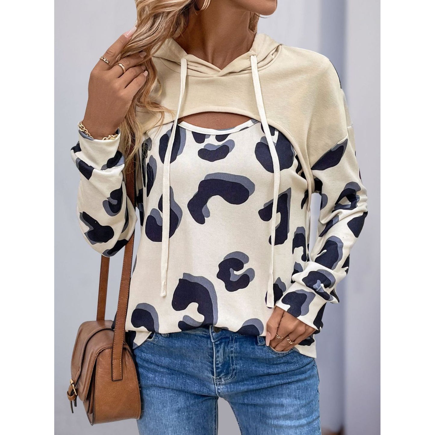 Perfee Drawstring Faux Layered Long Sleeve Hoodie