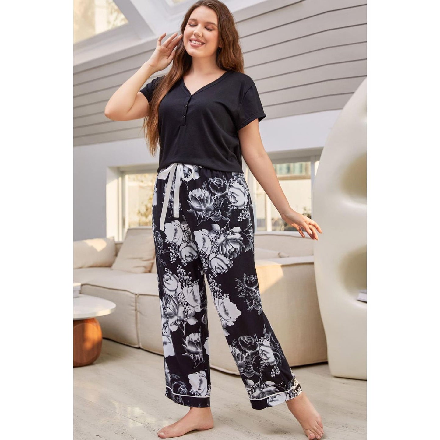 Full Size V-Neck Top and Floral Pants Lounge Set