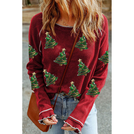 Christmas Tree Sequin Waffle Knit Long Sleeve Sweatshirt