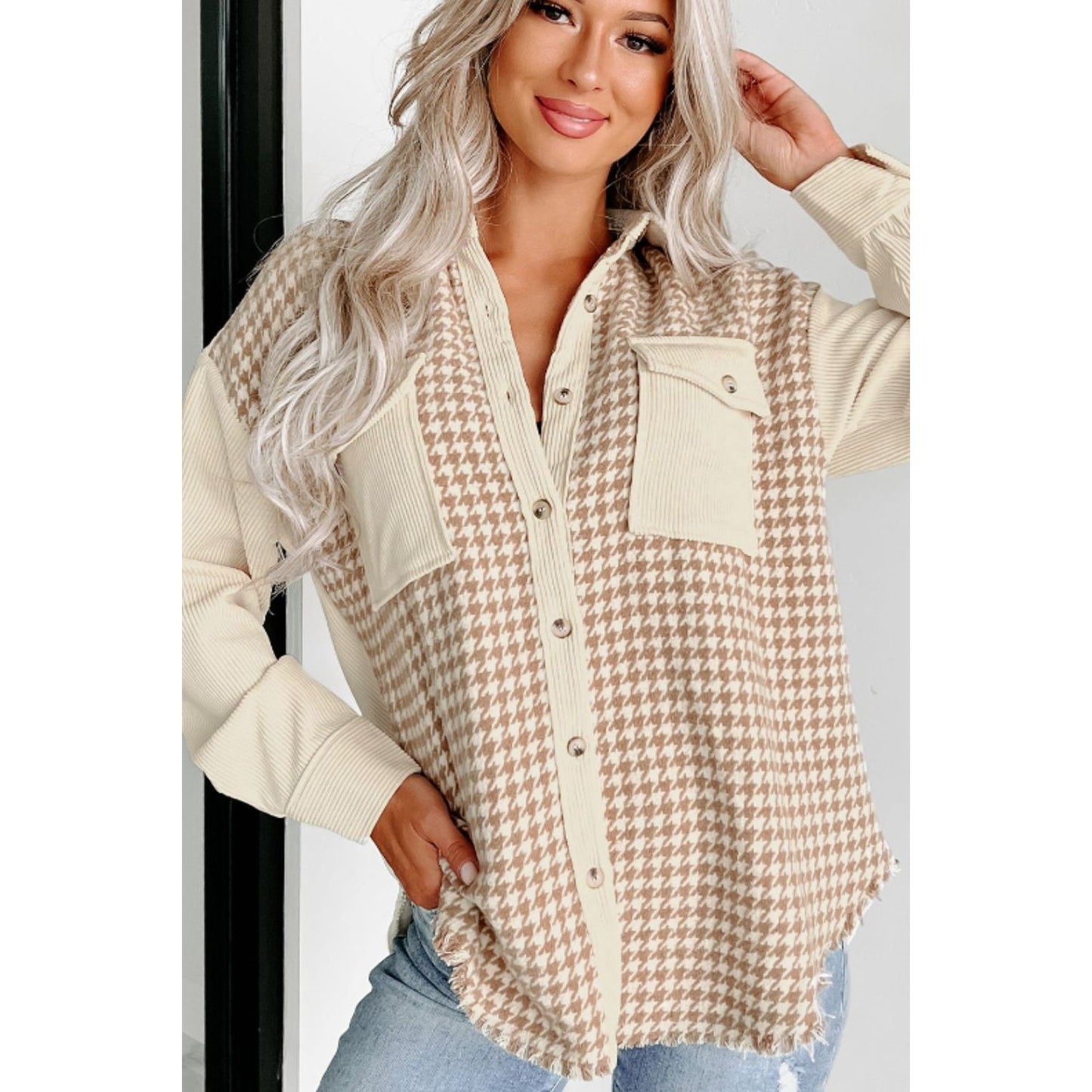 Houndstooth Button Up Long Sleeve Jacket