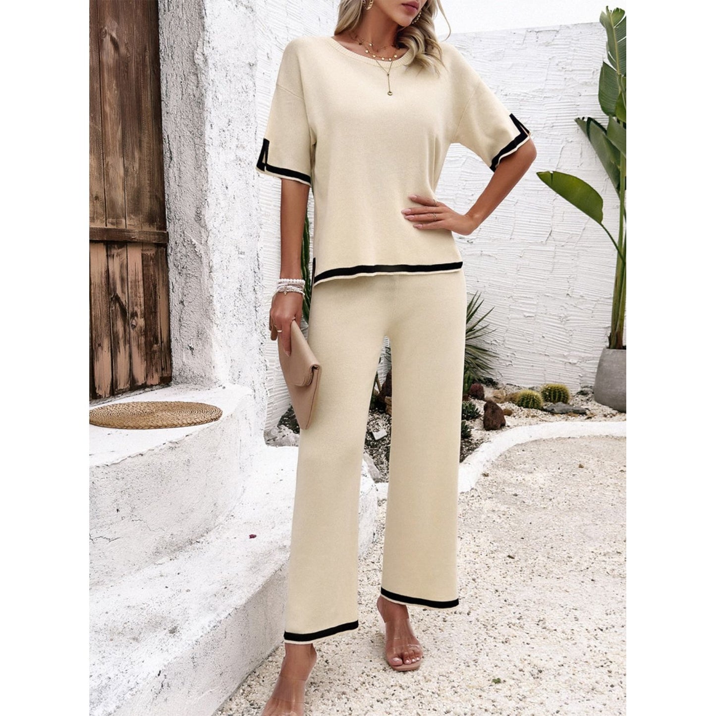 Contrast Trim Round Neck Top and Pants Set