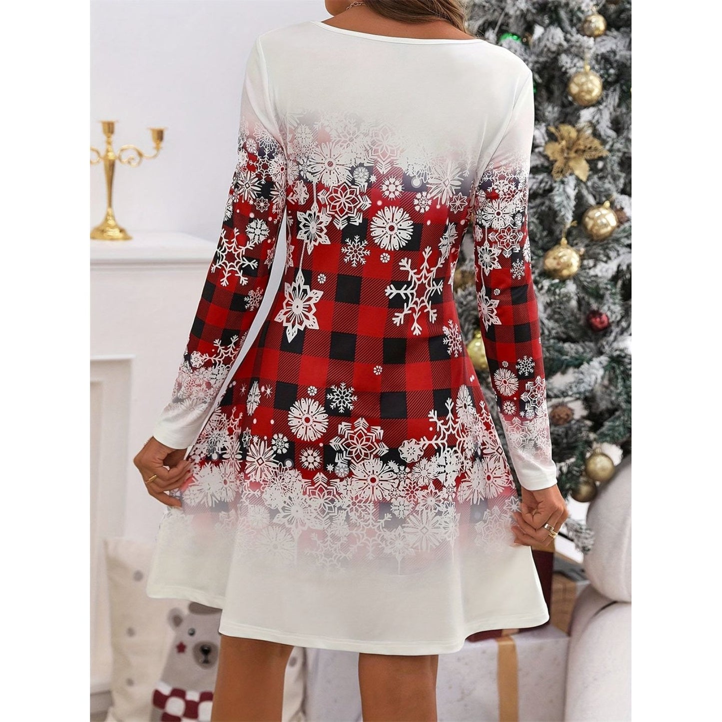 Snowflakes Plaid Round Neck Long Sleeve Dress