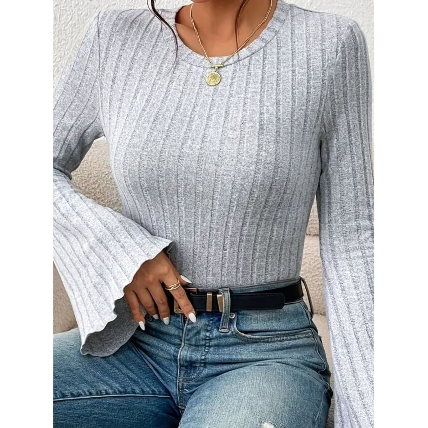 Ribbed Round Neck Flare Sleeve T-Shirt