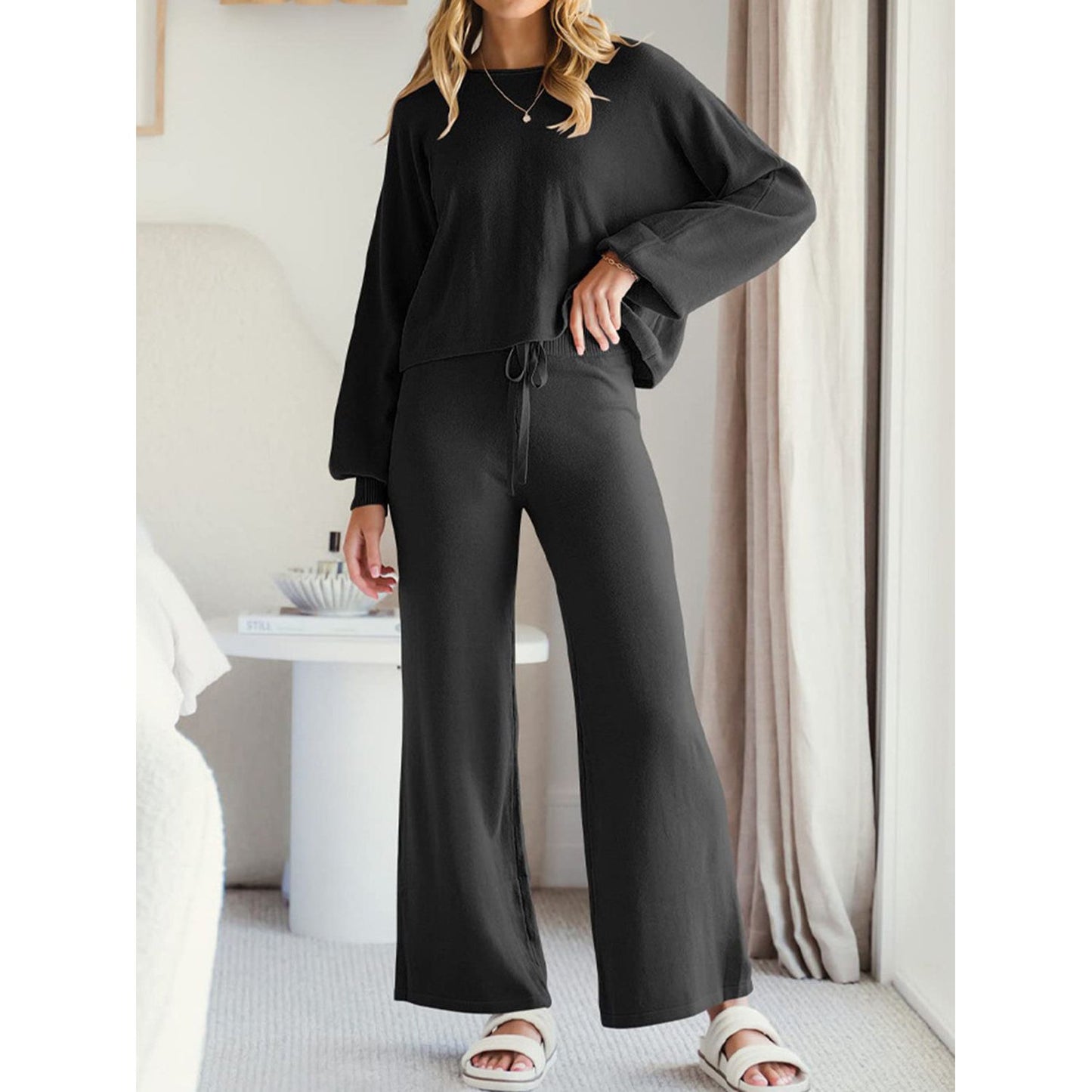 Long Sleeve Lounge Top and Drawstring Pants Set