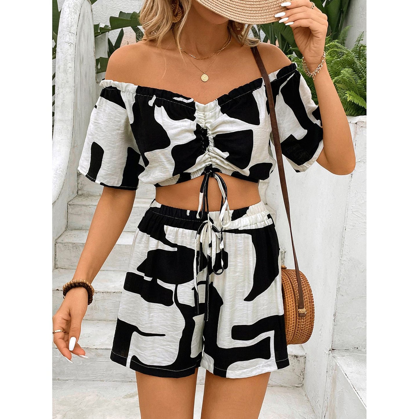 Drawstring Off-Shoulder Top and Shorts Set