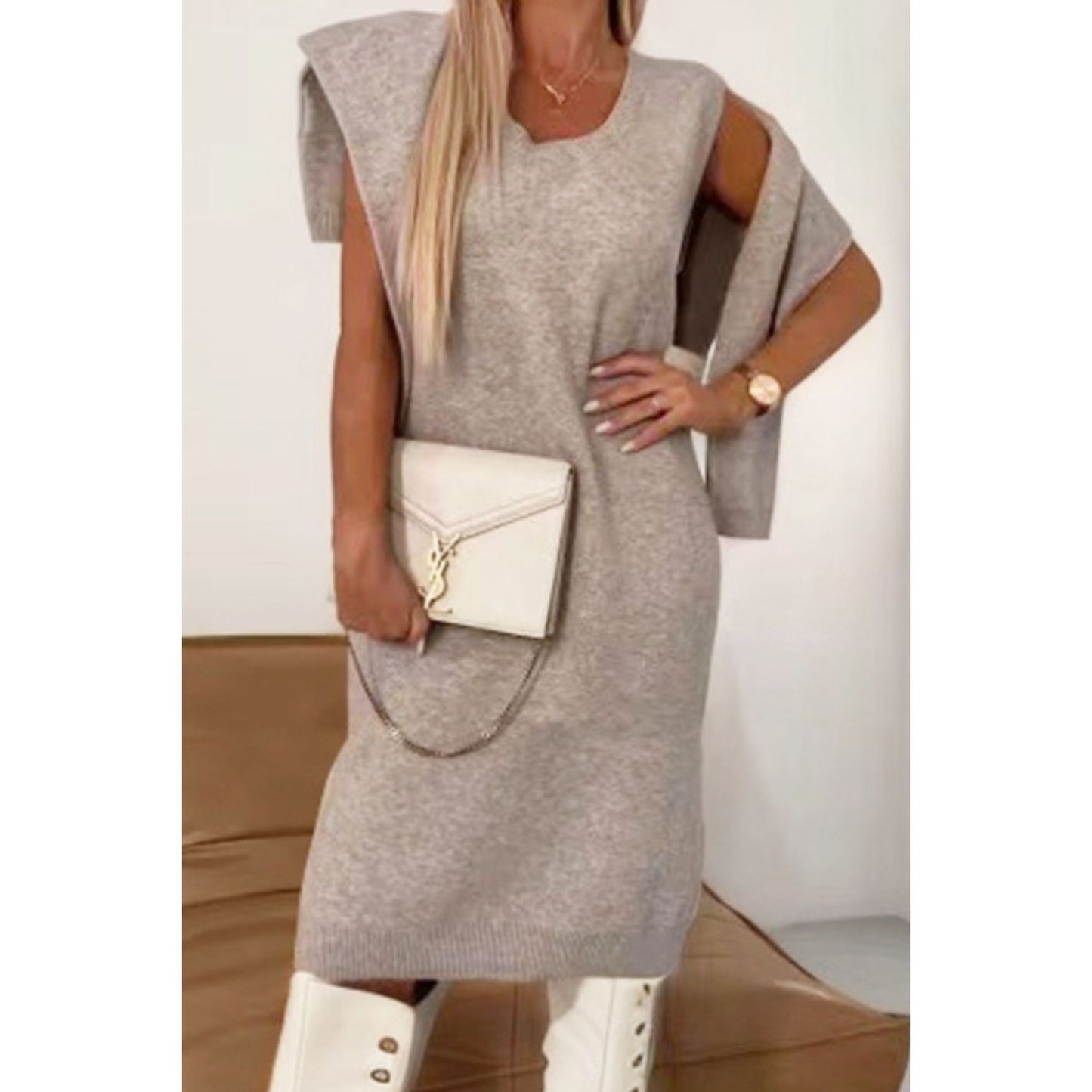 Turtleneck Dropped Shoulder Sweater and Midi Dress Sweater Set