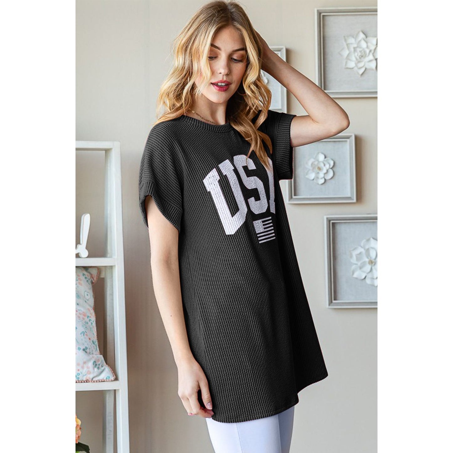 Heimish Full Size USA Graphic Short Sleeve Ribbed Top