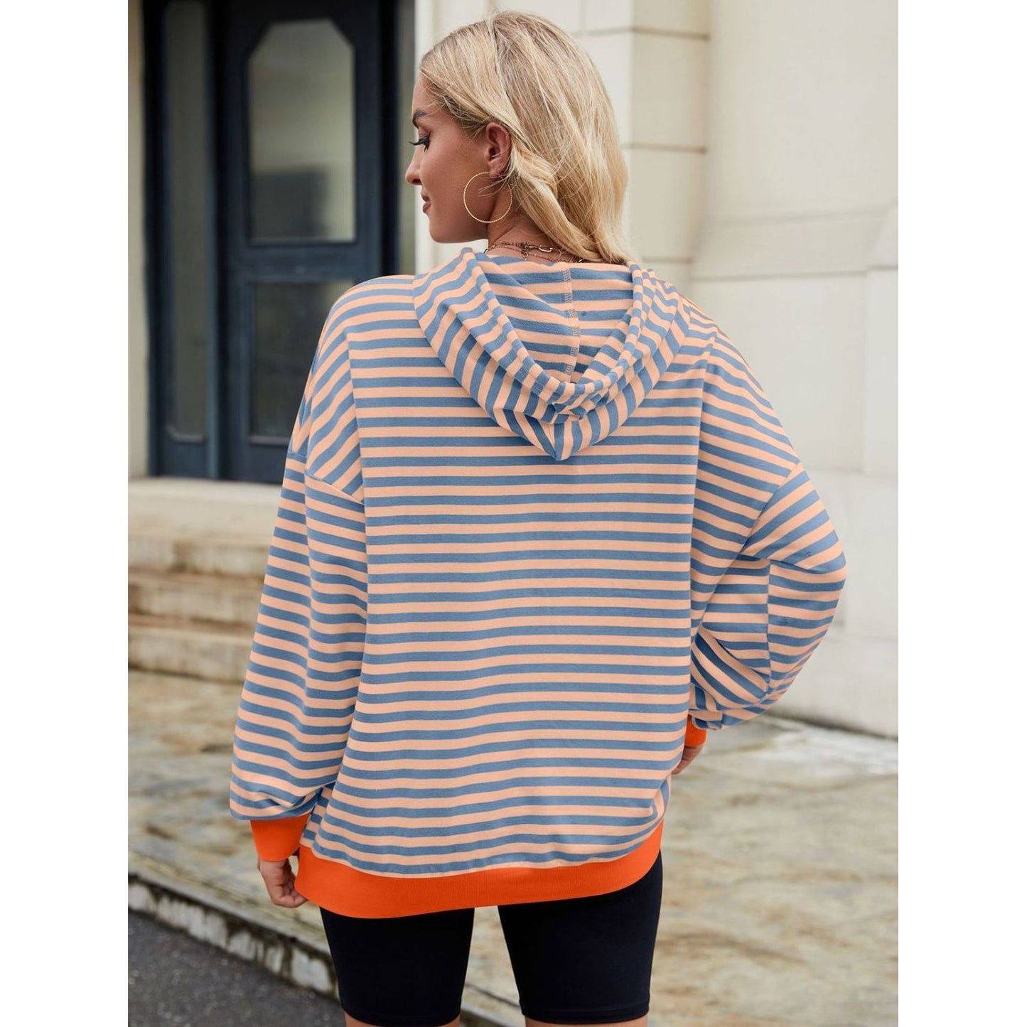 Drawstring Contrast Striped Long Sleeve Hoodie