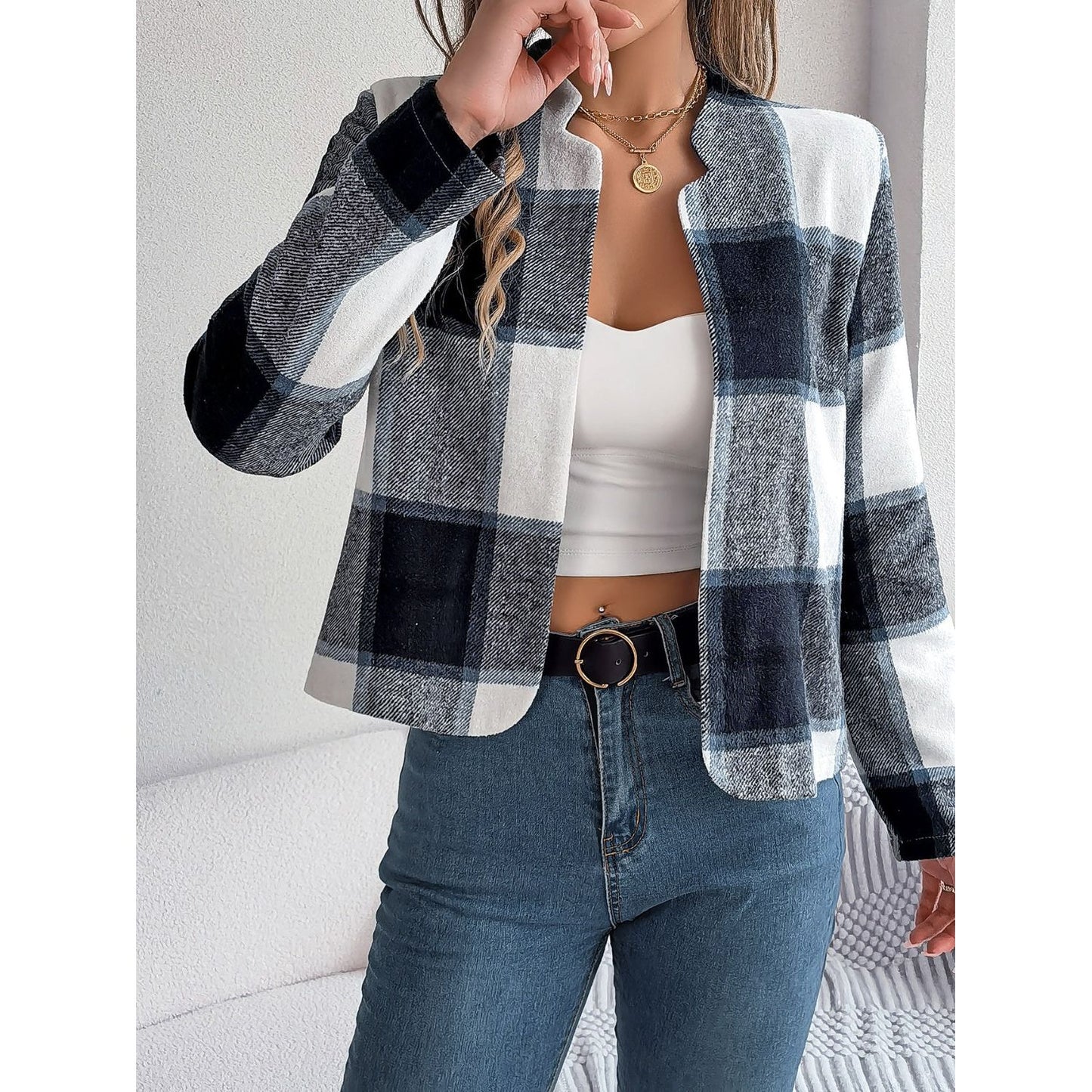 Plaid Open Front Long Sleeve Jacket