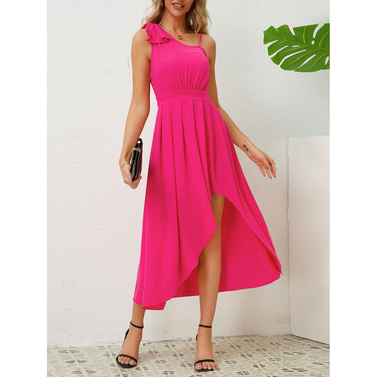 Bow Asymmetrical Neck Sleeveless Dress