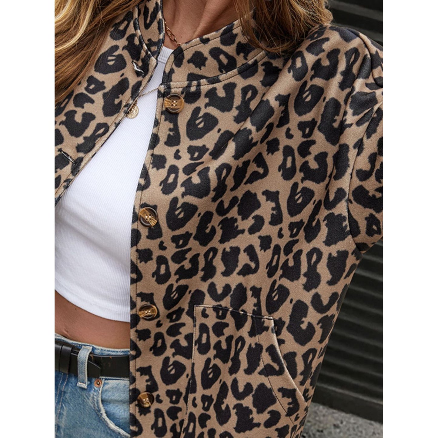 Perfee Leopard Button Up Long Sleeve Jacket