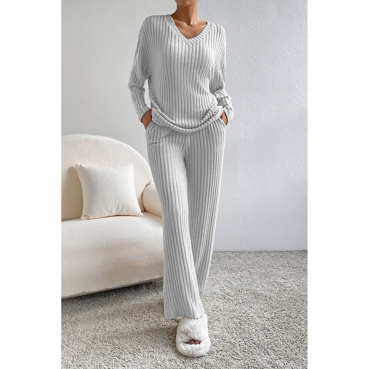 Ribbed V-Neck Top and Pants Lounge Set