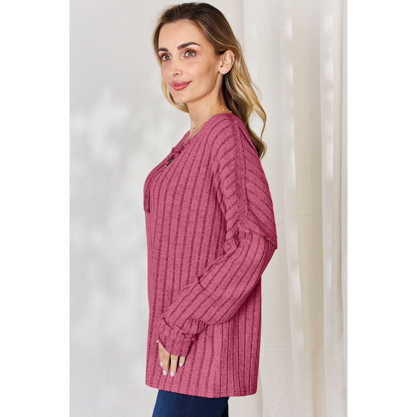 Basic Bae Full Size Ribbed Half Button Long Sleeve T-Shirt