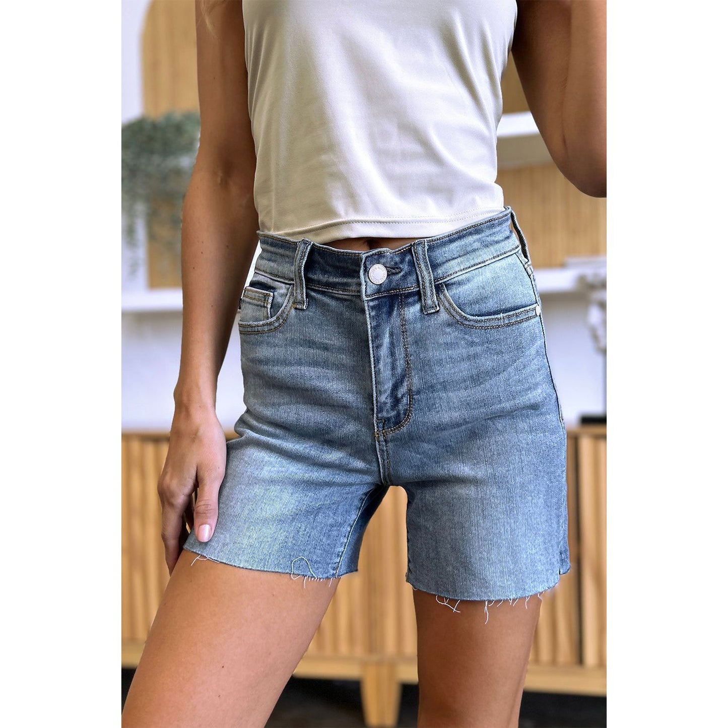 Judy Blue Full Size High Waist Raw Hem Denim Shorts