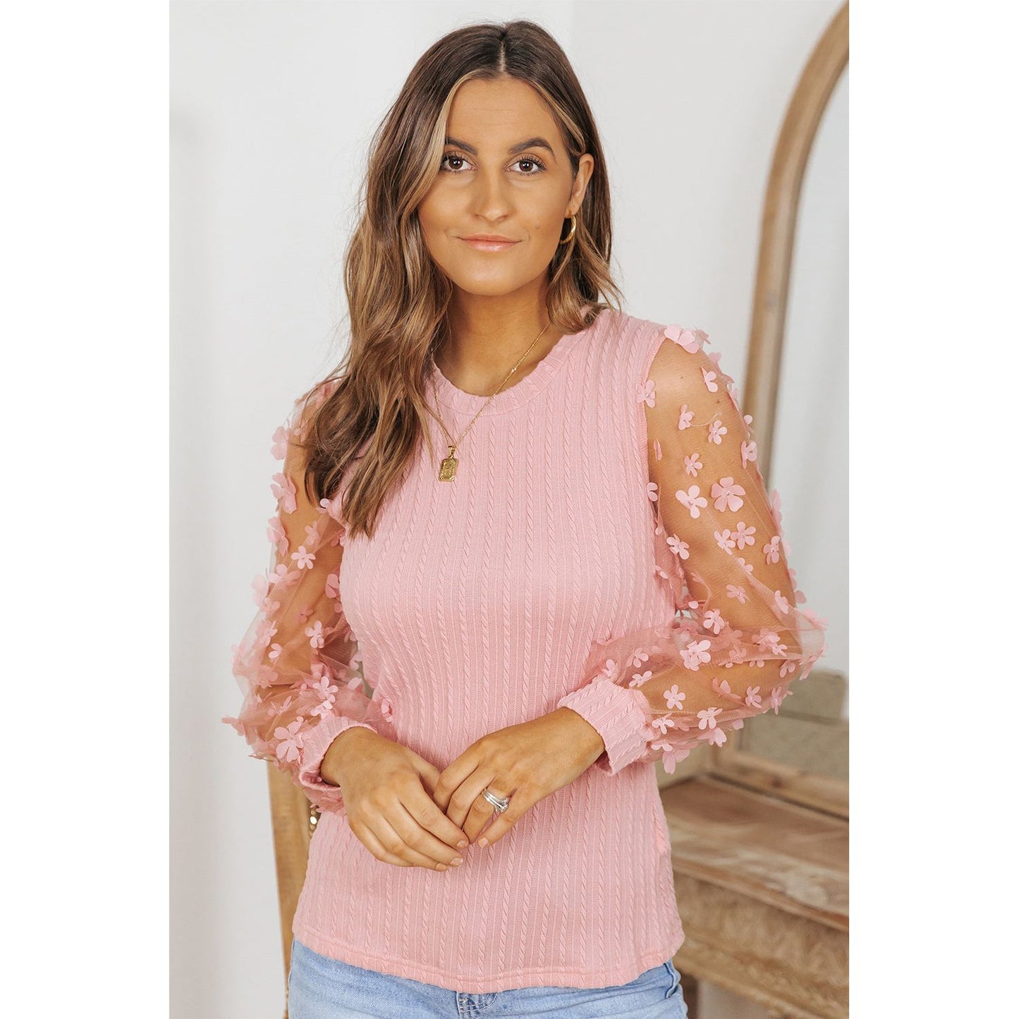 Double Take Textured Applique Long Sleeve Blouse