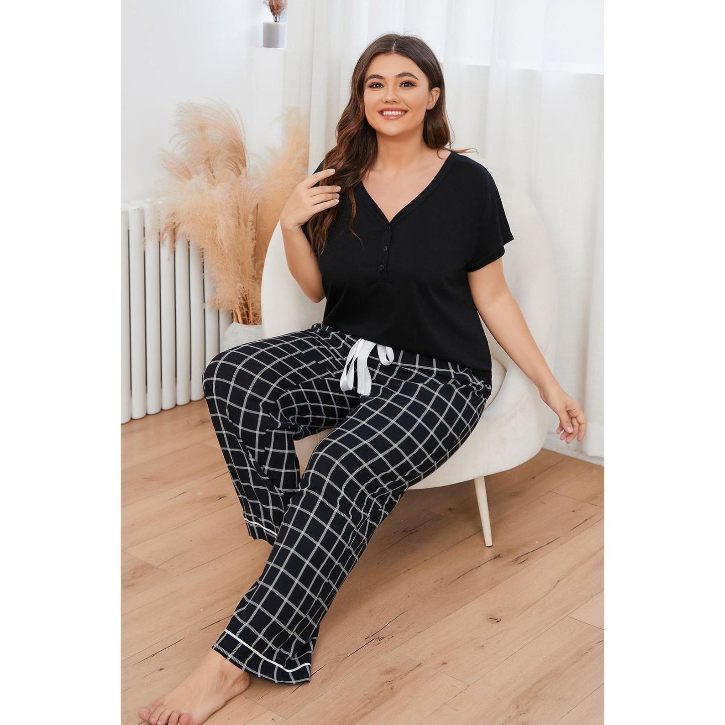 Plus Size V-Neck Top and Plaid Pants Lounge Set