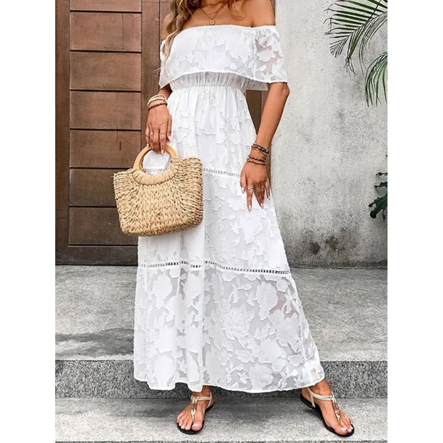 Off-Shoulder Short Sleeve Maxi Dress