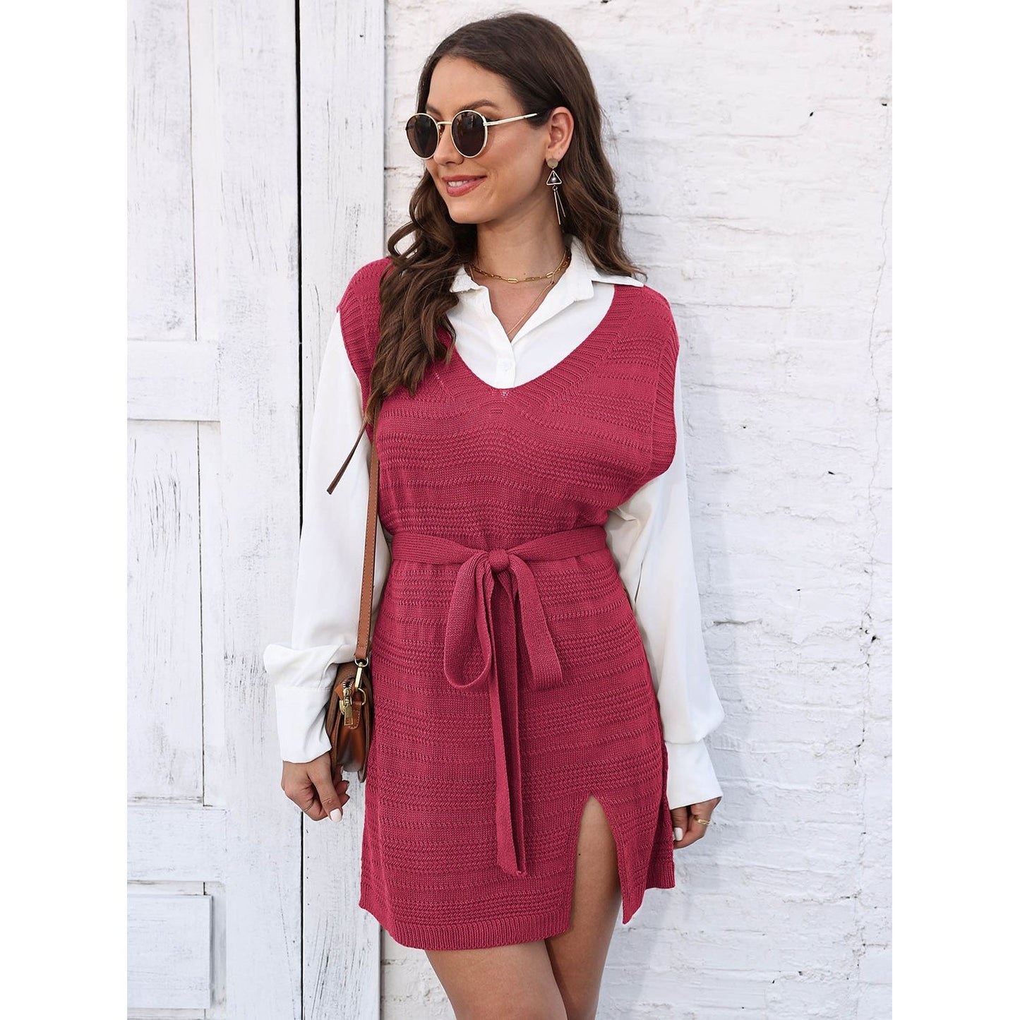 Tie Front V-Neck Sleeveless Slit Sweater Dress