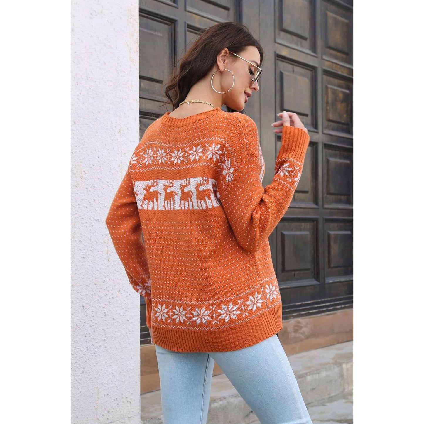 Reindeer & Snowflake Pattern Dropped Shoulder Pullover Sweater