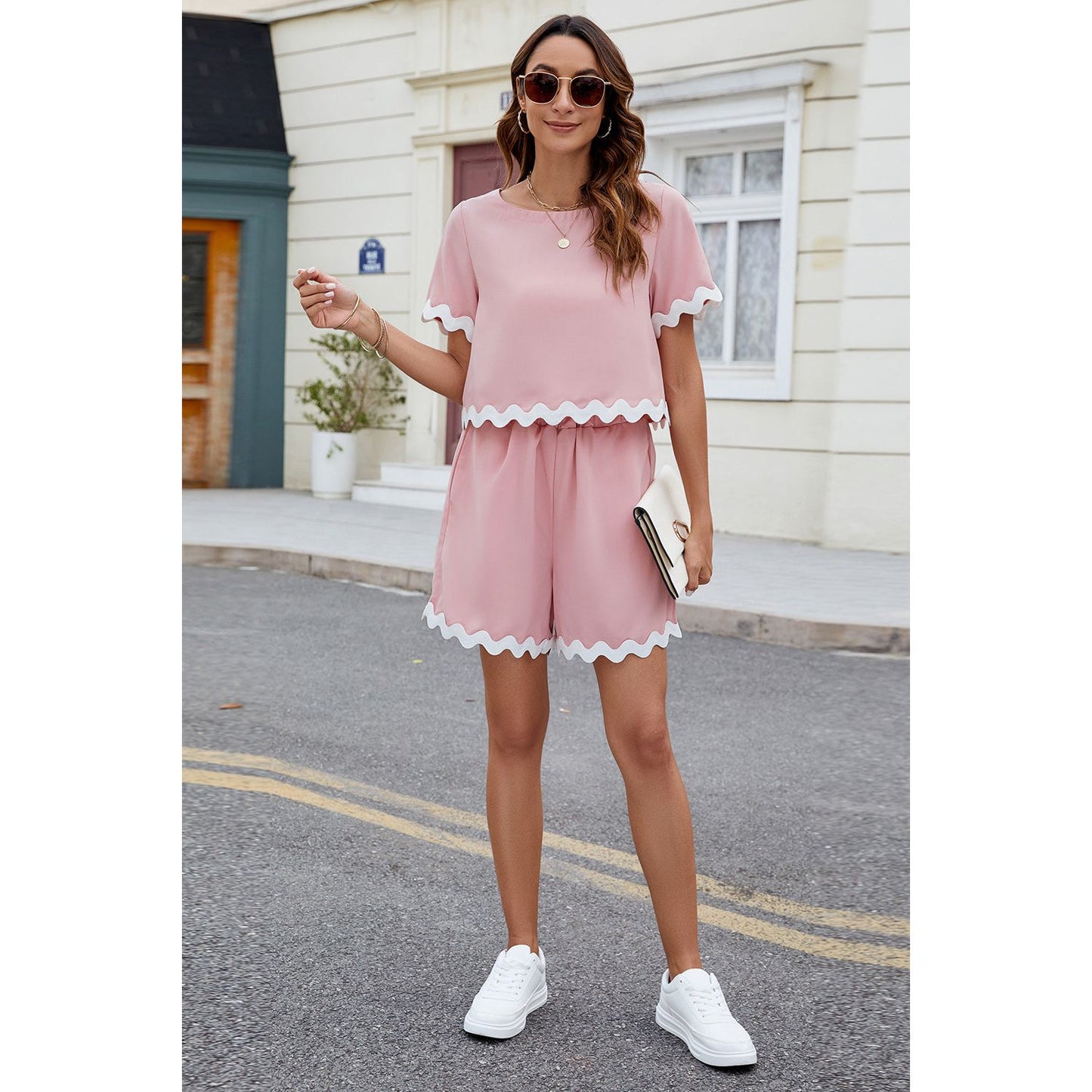 Contrast Trim Round Neck Top and Shorts Set