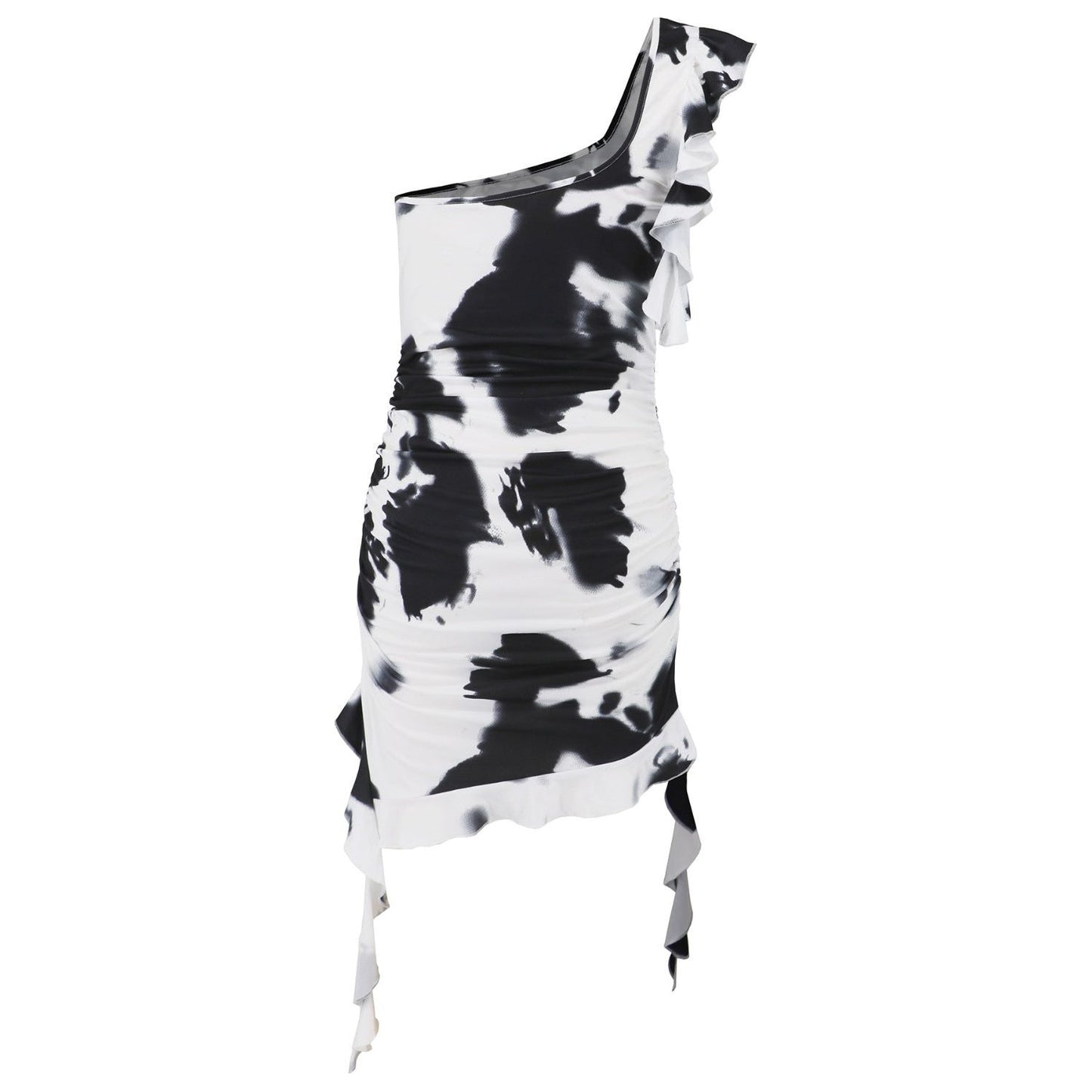 Ruffled Tie-Dye Single Shoulder Mini Dress