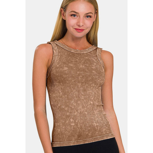 Zenana 2 Way Neckline Washed Ribbed Cropped Tank