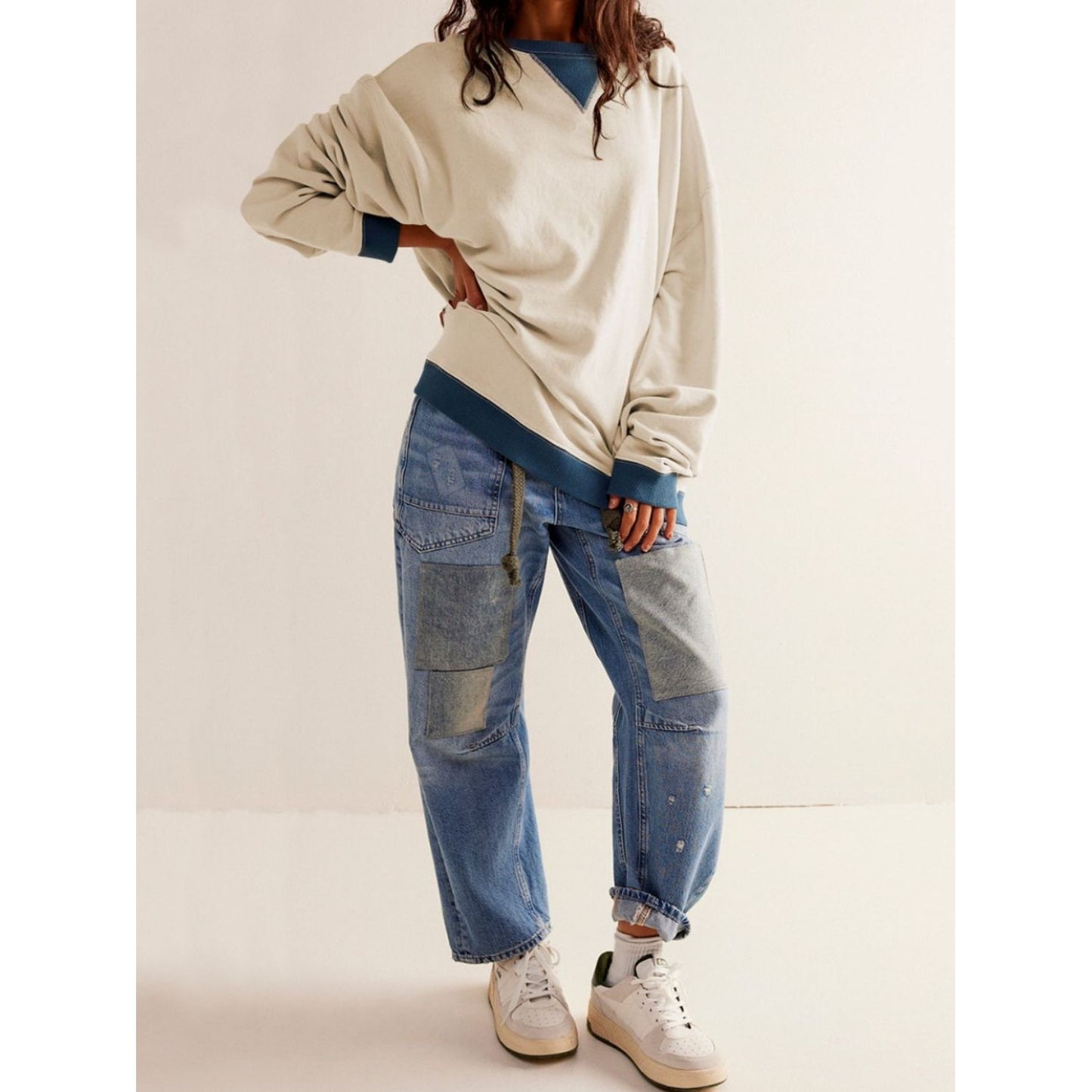 Contrast Dropped Shoulder Long Sleeve Sweatshirt