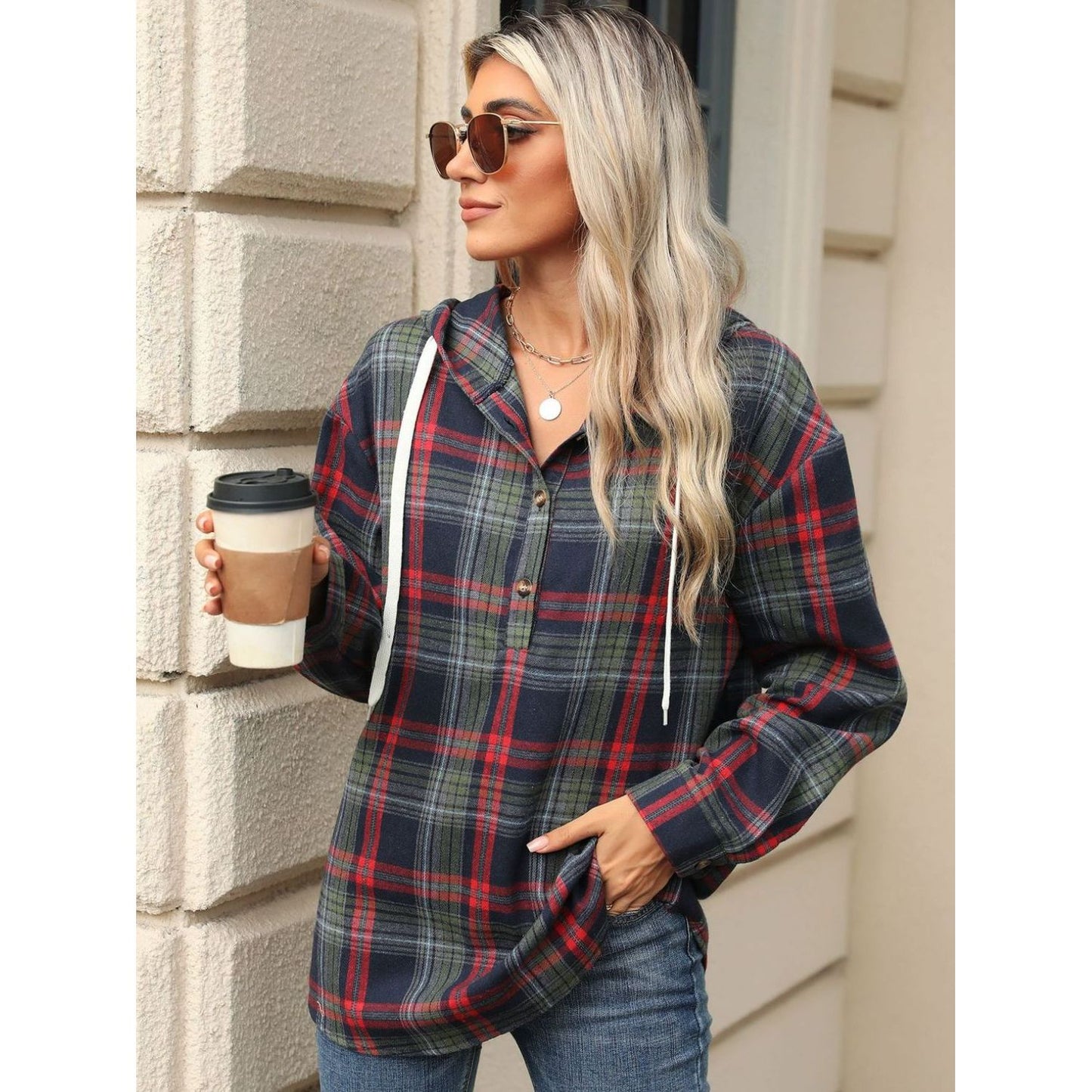 Drawstring Plaid Hooded Long Sleeve Top