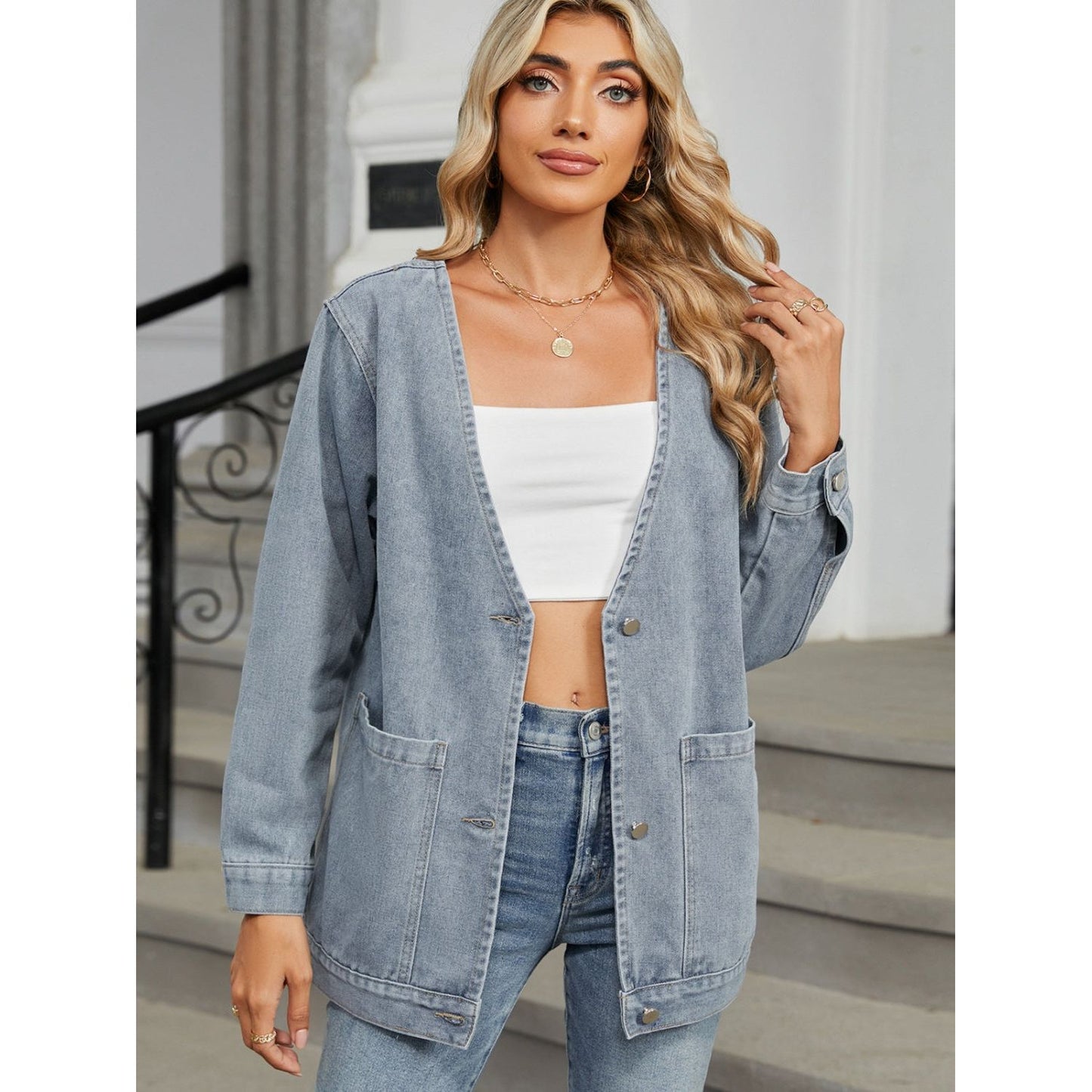 Pocketed V-Neck Button Up Denim Jacket