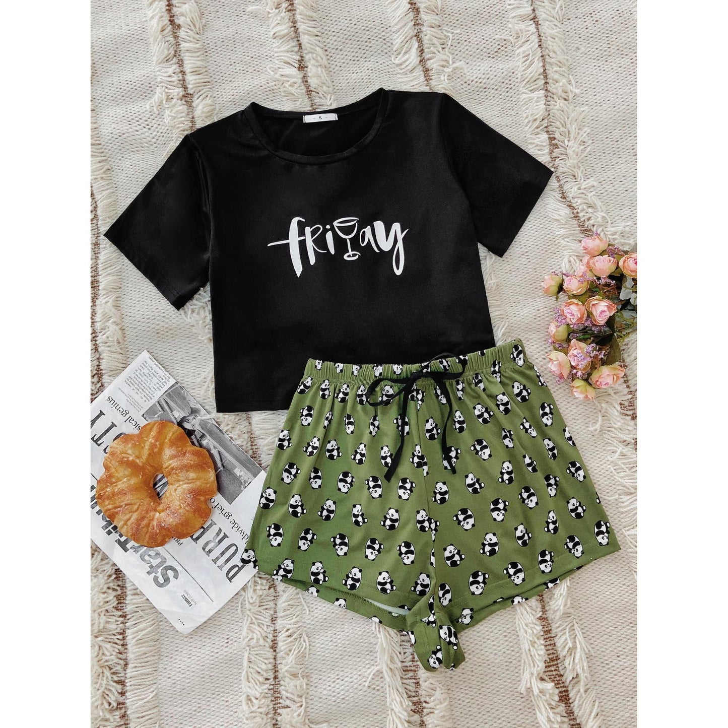 Graphic Tee and Panda Print Shorts Lounge Set