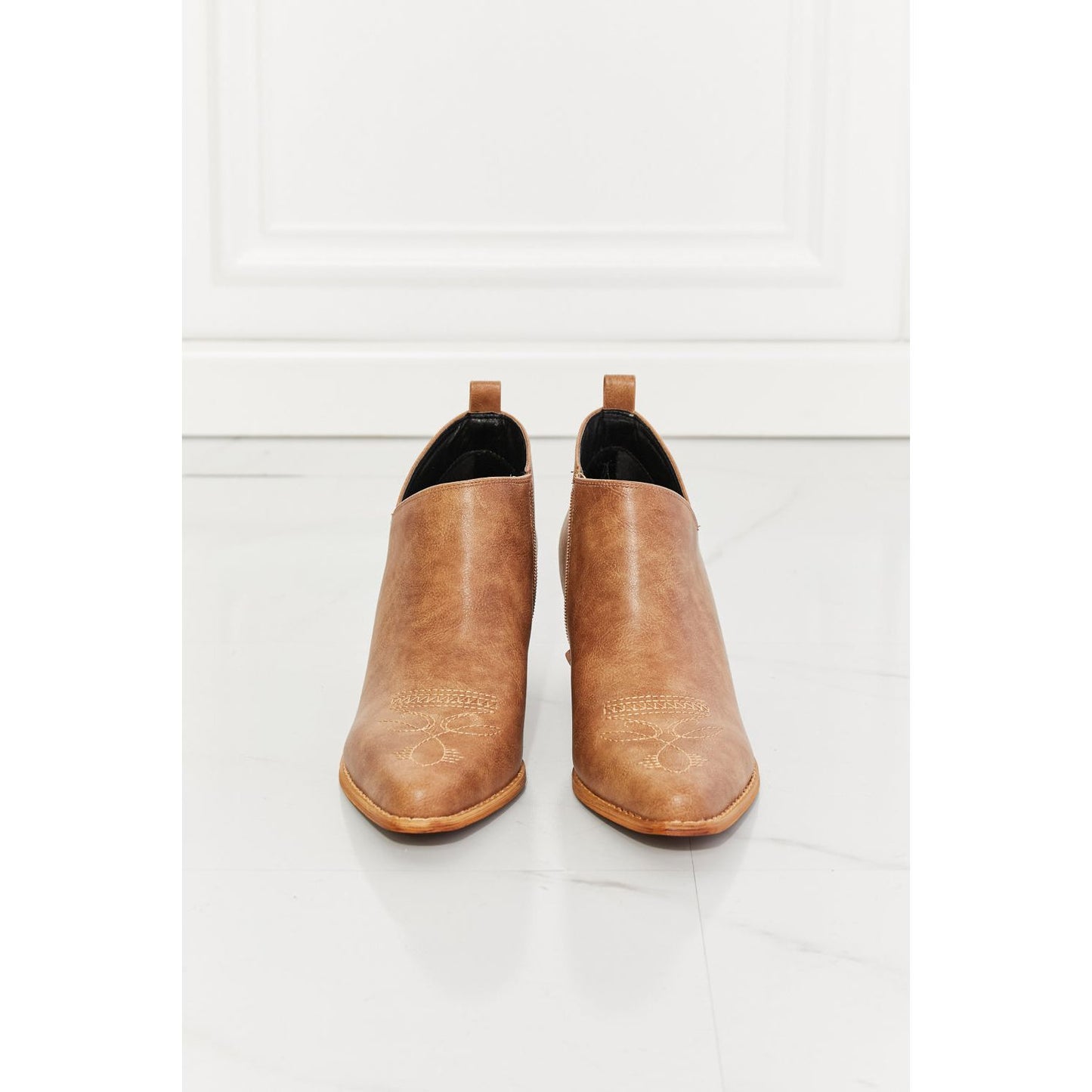 MMShoes Trust Yourself Embroidered Crossover Cowboy Bootie in Caramel