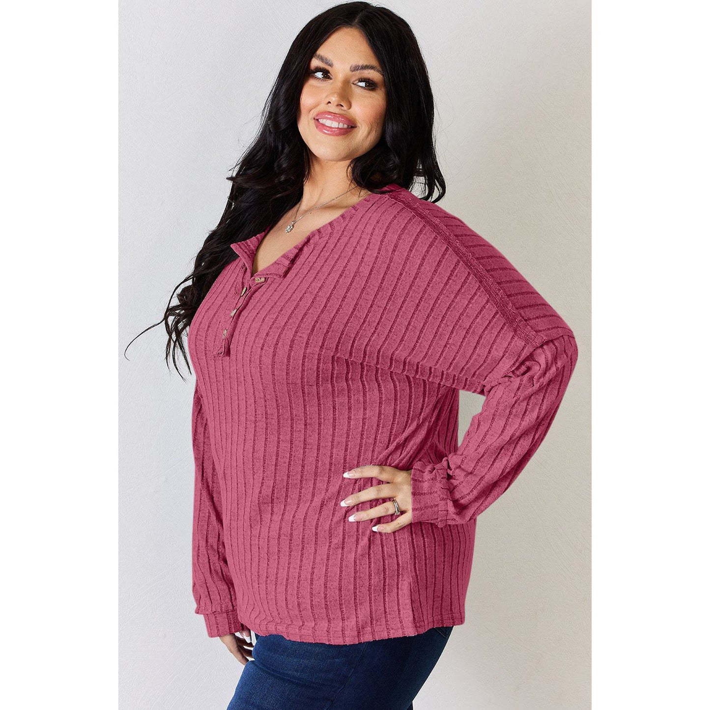 Basic Bae Full Size Ribbed Half Button Long Sleeve T-Shirt